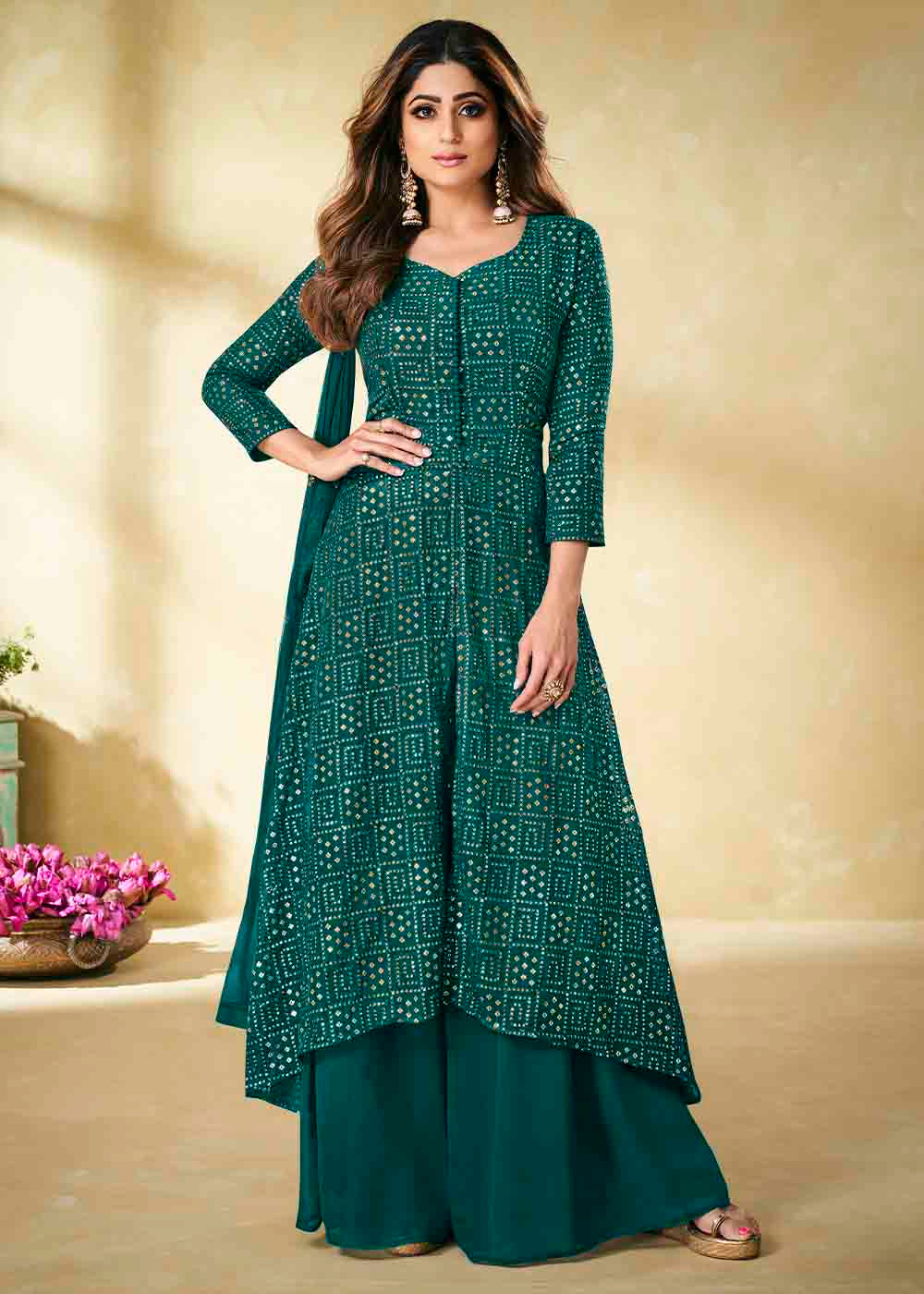 Arabian Green Embroidered Georgette Plazzo Suit