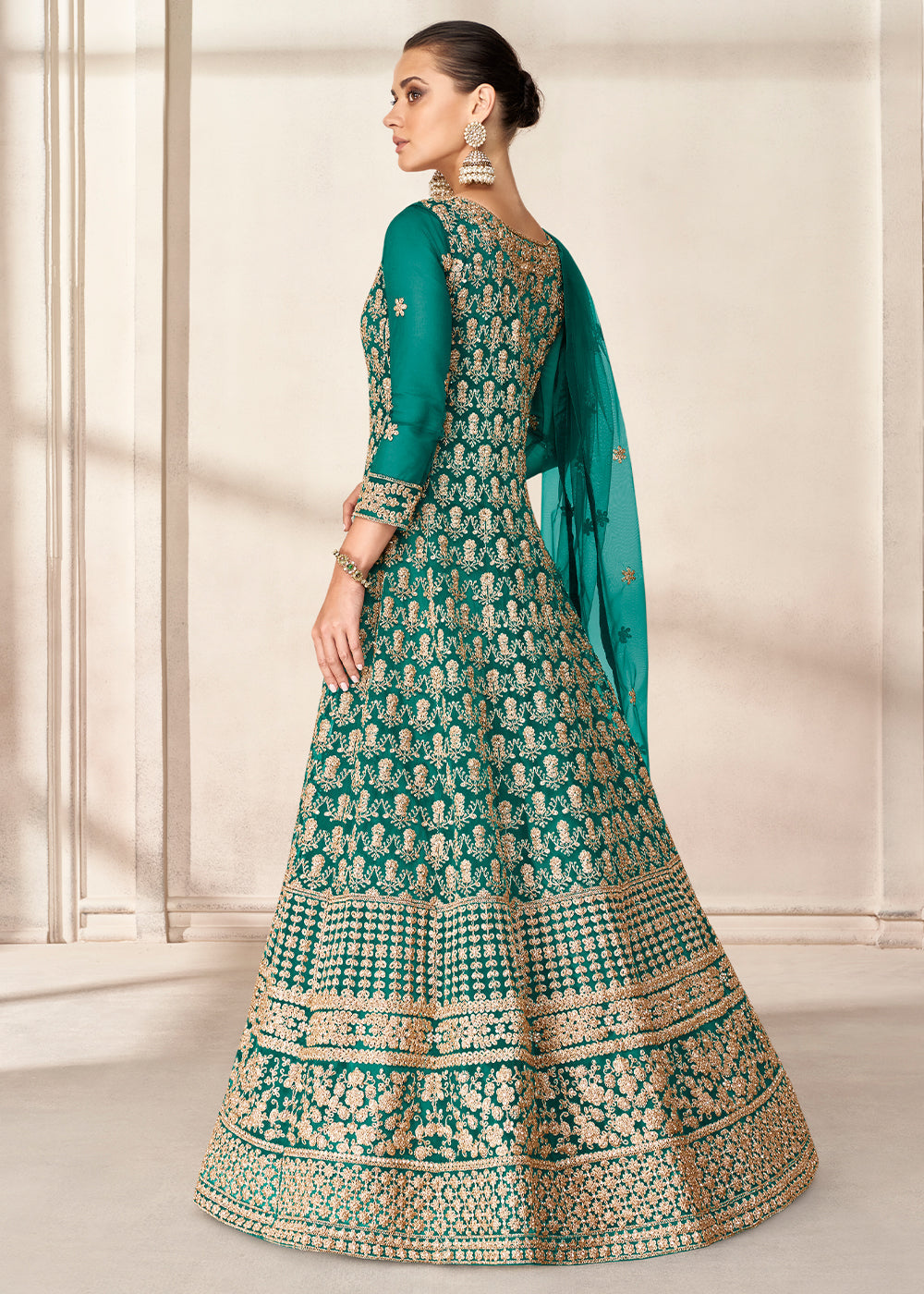 Teal Green Net Anarkali Suit with Heavy Embroidey work