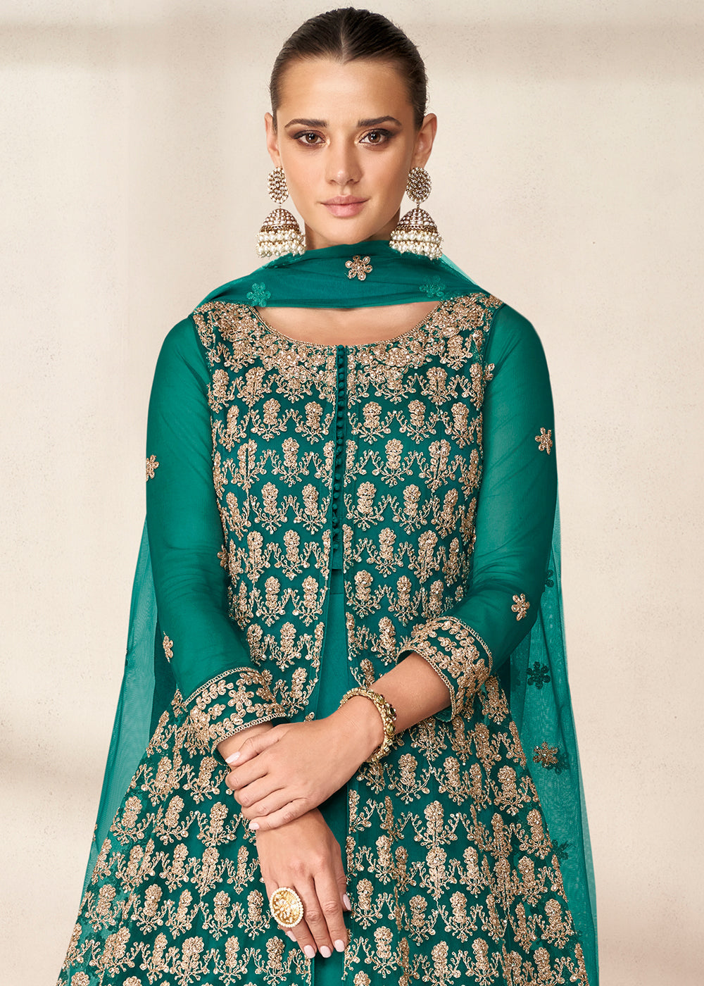 Teal Green Net Anarkali Suit with Heavy Embroidey work