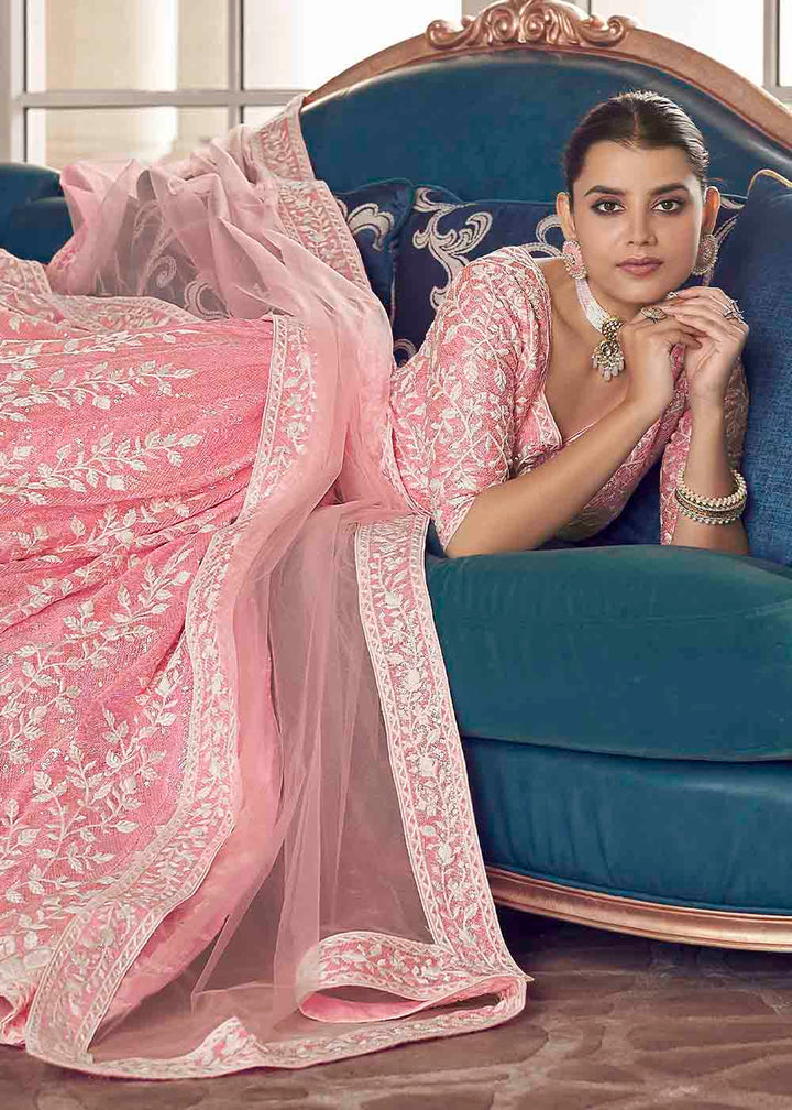 Flamingo Pink Organza Lehenga Choli with Sequins & Thread work