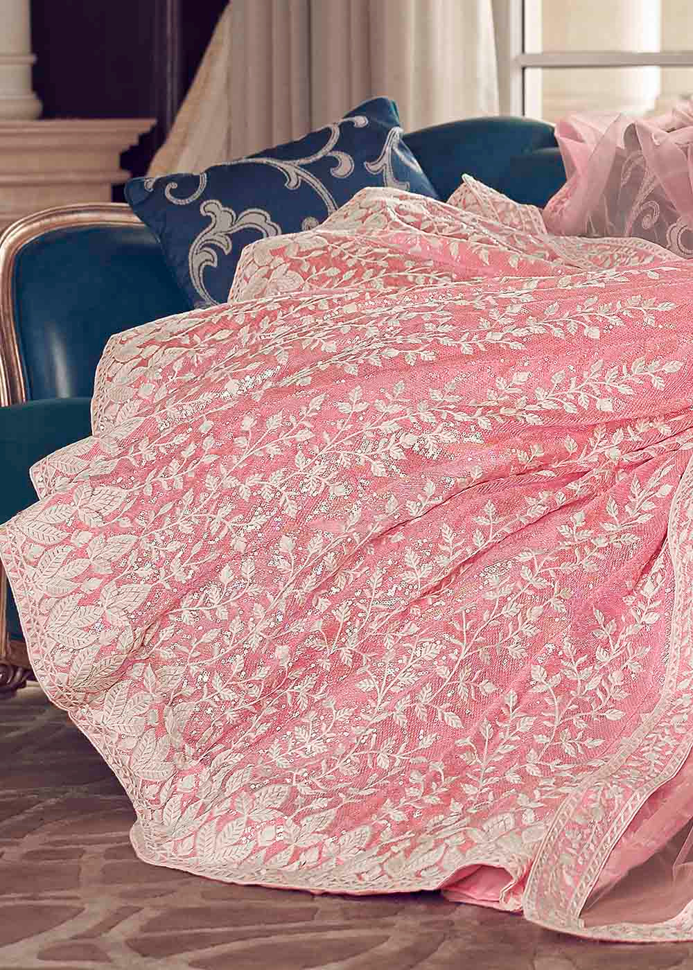 Flamingo Pink Organza Lehenga Choli with Sequins & Thread work