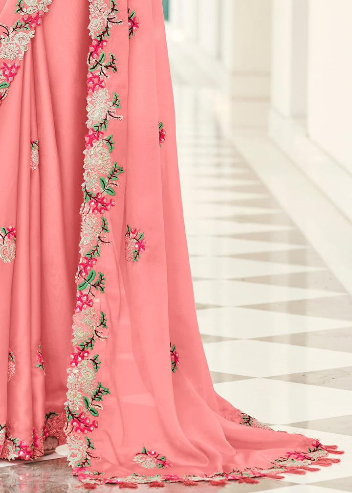 Mauvelous Pink Designer Georgette Saree with Thread & Dori work