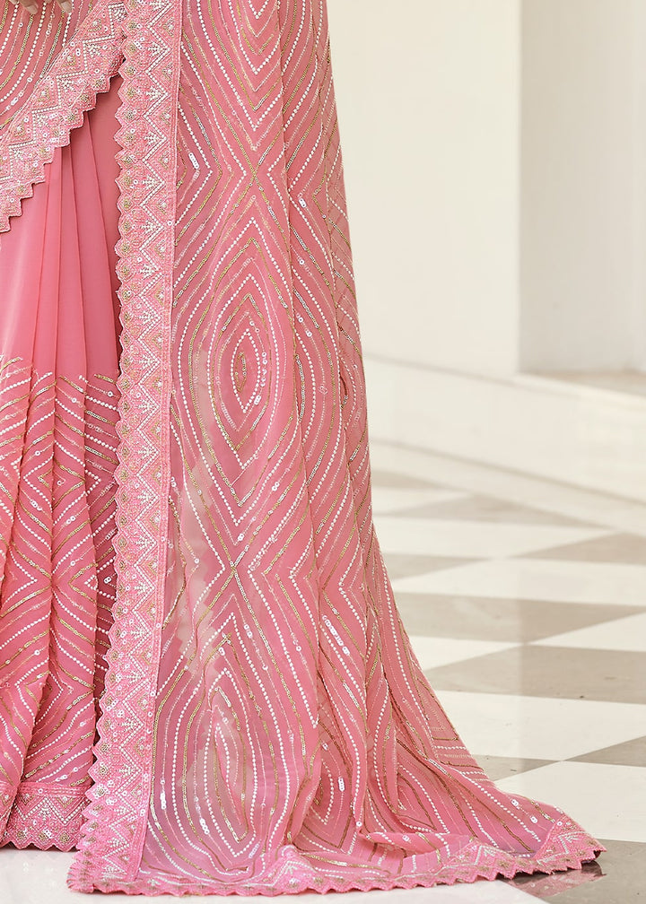 Flamingo Pink Designer Georgette Saree with Thread,Sequins & Zari work