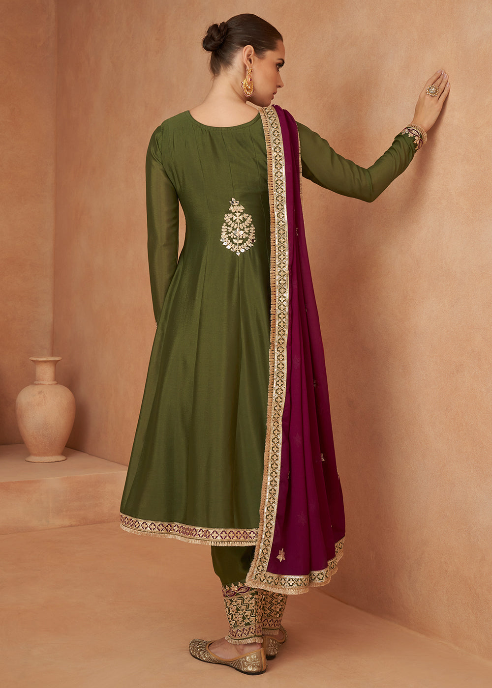 Mehendi Green Embroidered Chinon Silk Salwar Suit with Contrast Dupatta : Top Pick