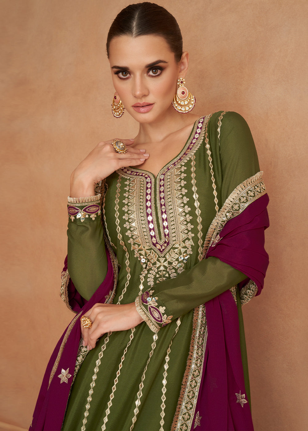 Mehendi Green Embroidered Chinon Silk Salwar Suit with Contrast Dupatta : Top Pick