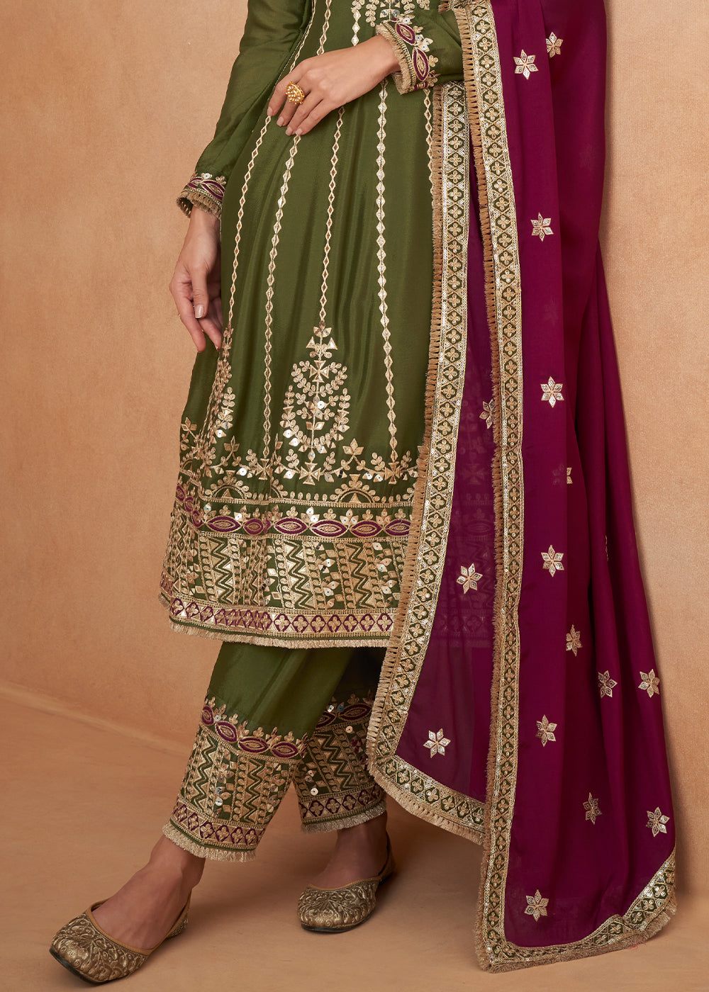Mehendi Green Embroidered Chinon Silk Salwar Suit with Contrast Dupatta