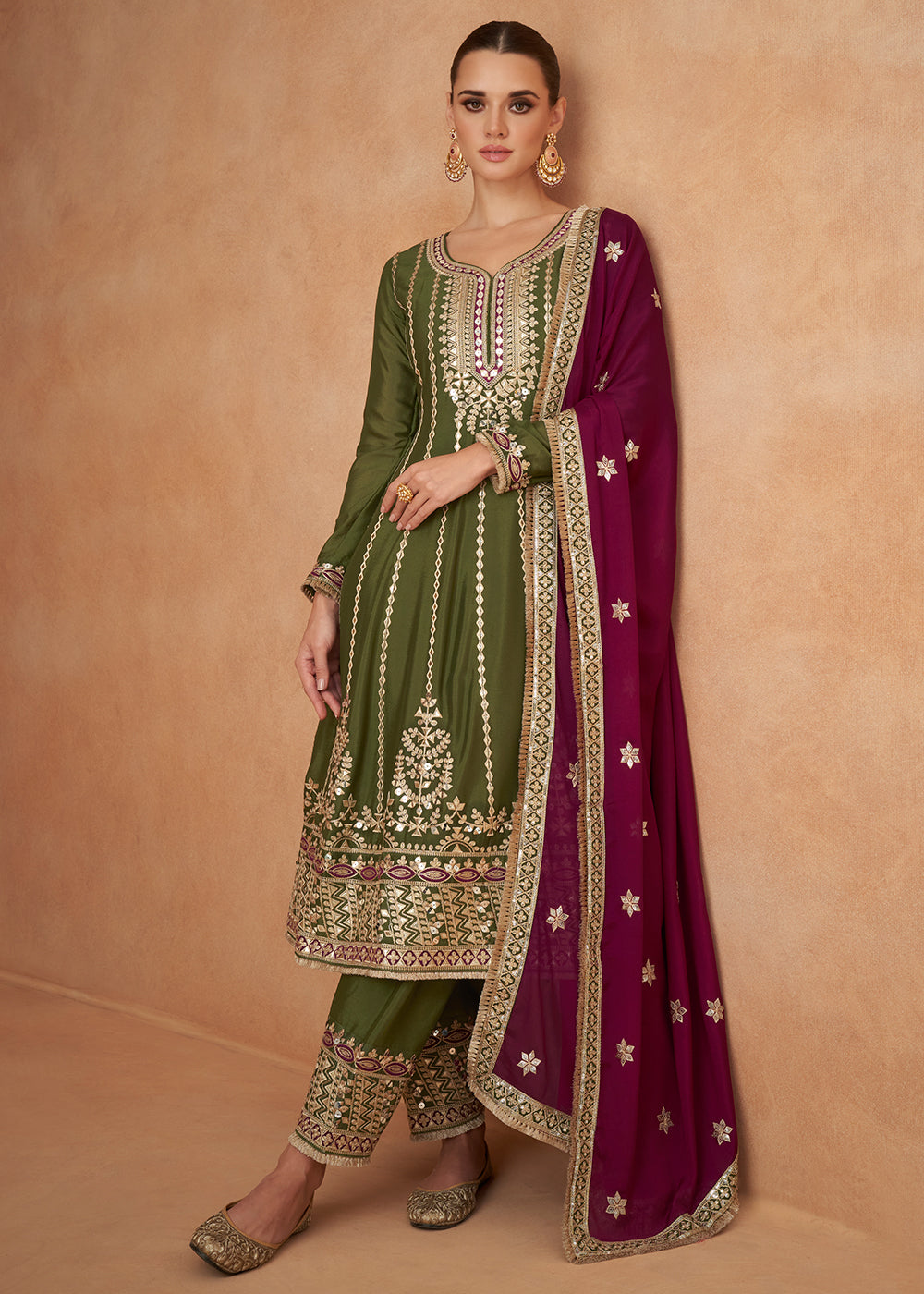 Mehendi Green Embroidered Chinon Silk Salwar Suit with Contrast Dupatta