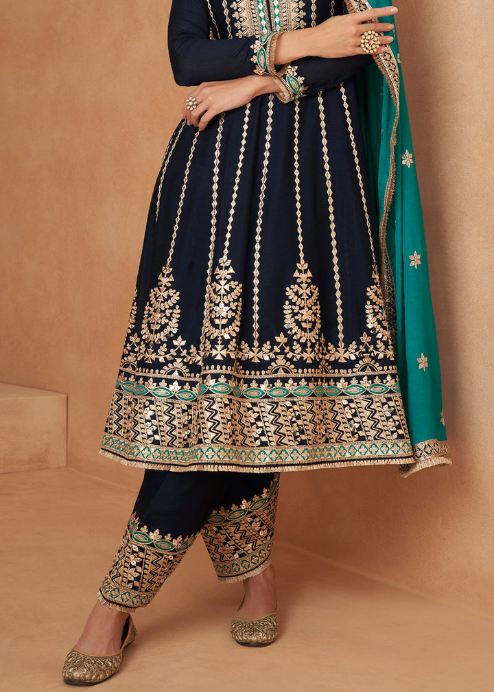 Denim Blue Embroidered Chinon Silk Salwar Suit with Contrast Dupatta