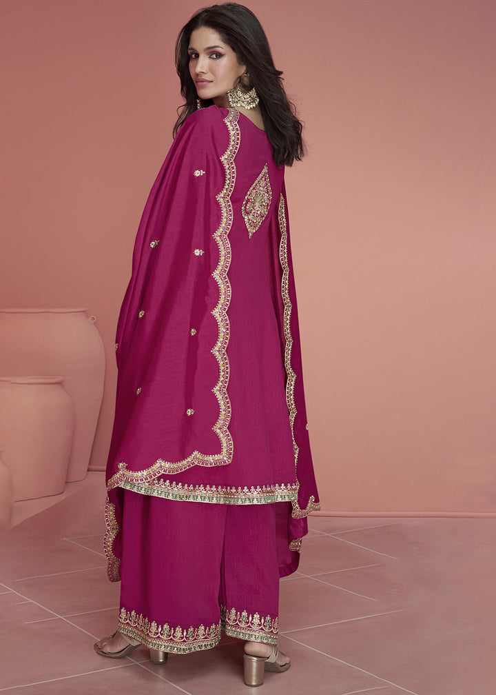 Magenta Pink Embroidered Plazzo Suit