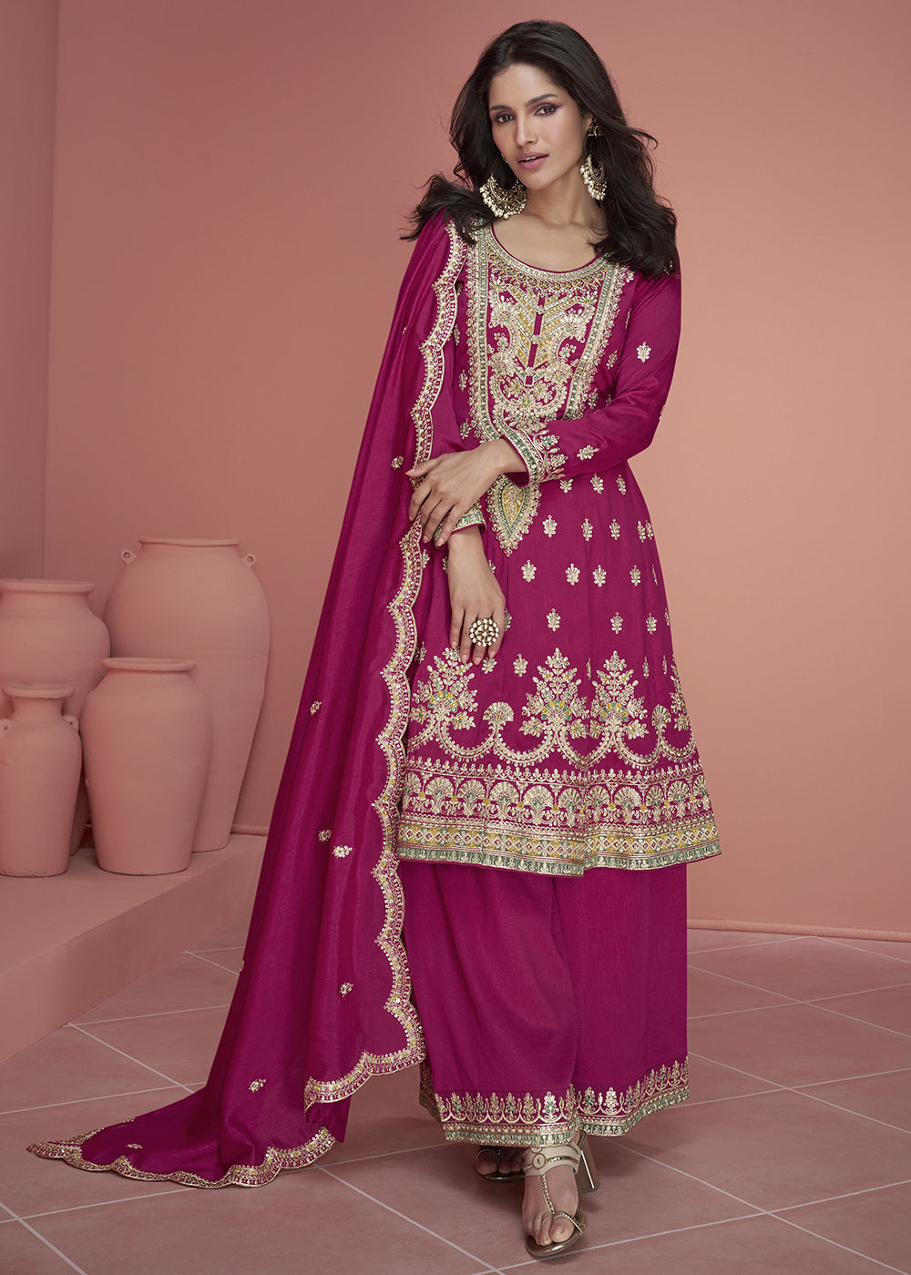 Magenta Pink Embroidered Plazzo Suit