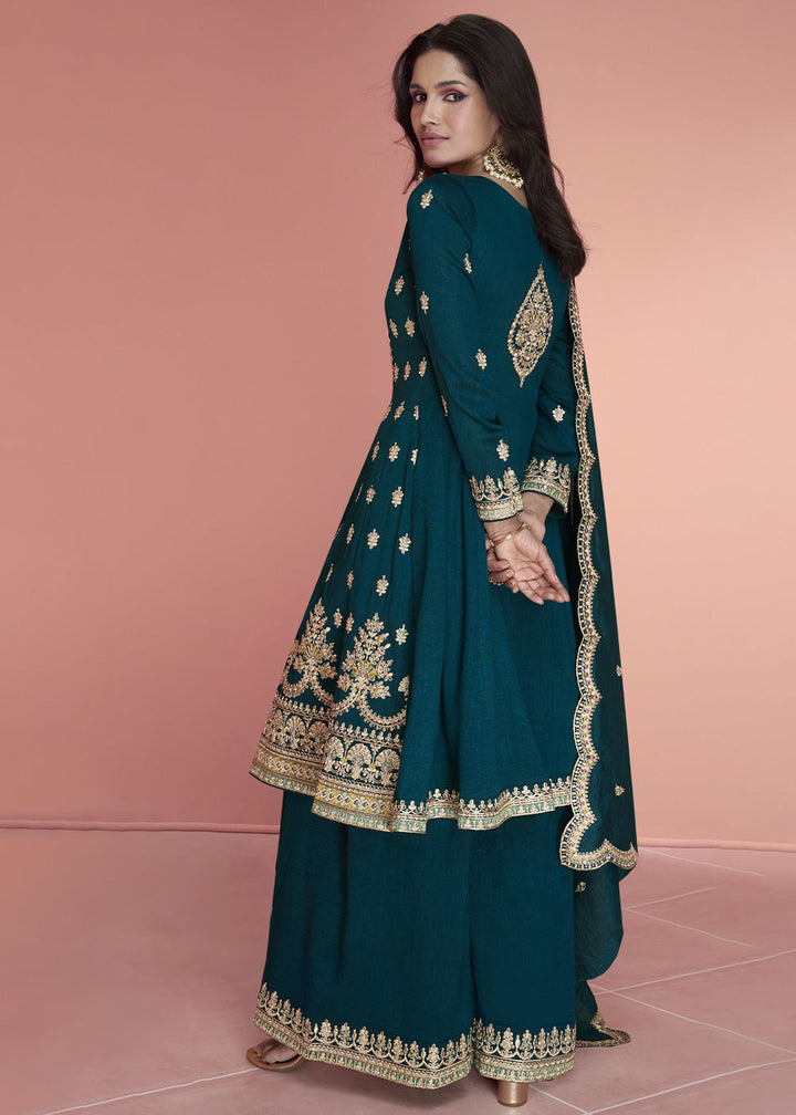 Prussian Blue Embroidered Plazzo Suit