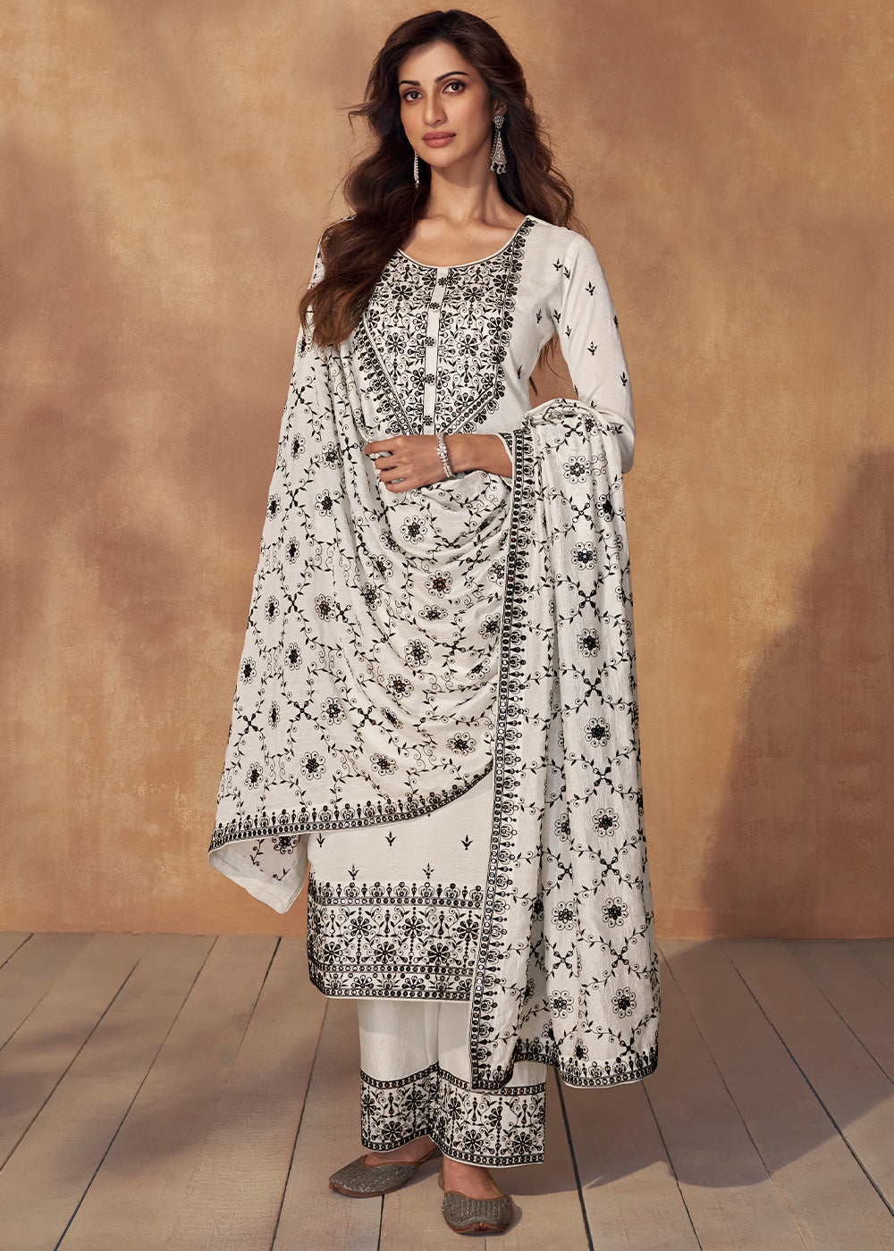 Pearl White Silk Salwar Suit with Embroidery work