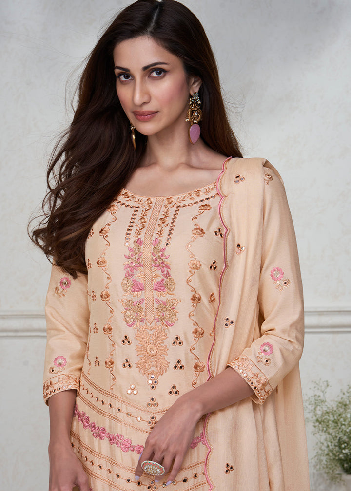 Beige Brown Embroidered Chinon Silk Plazzo Suit