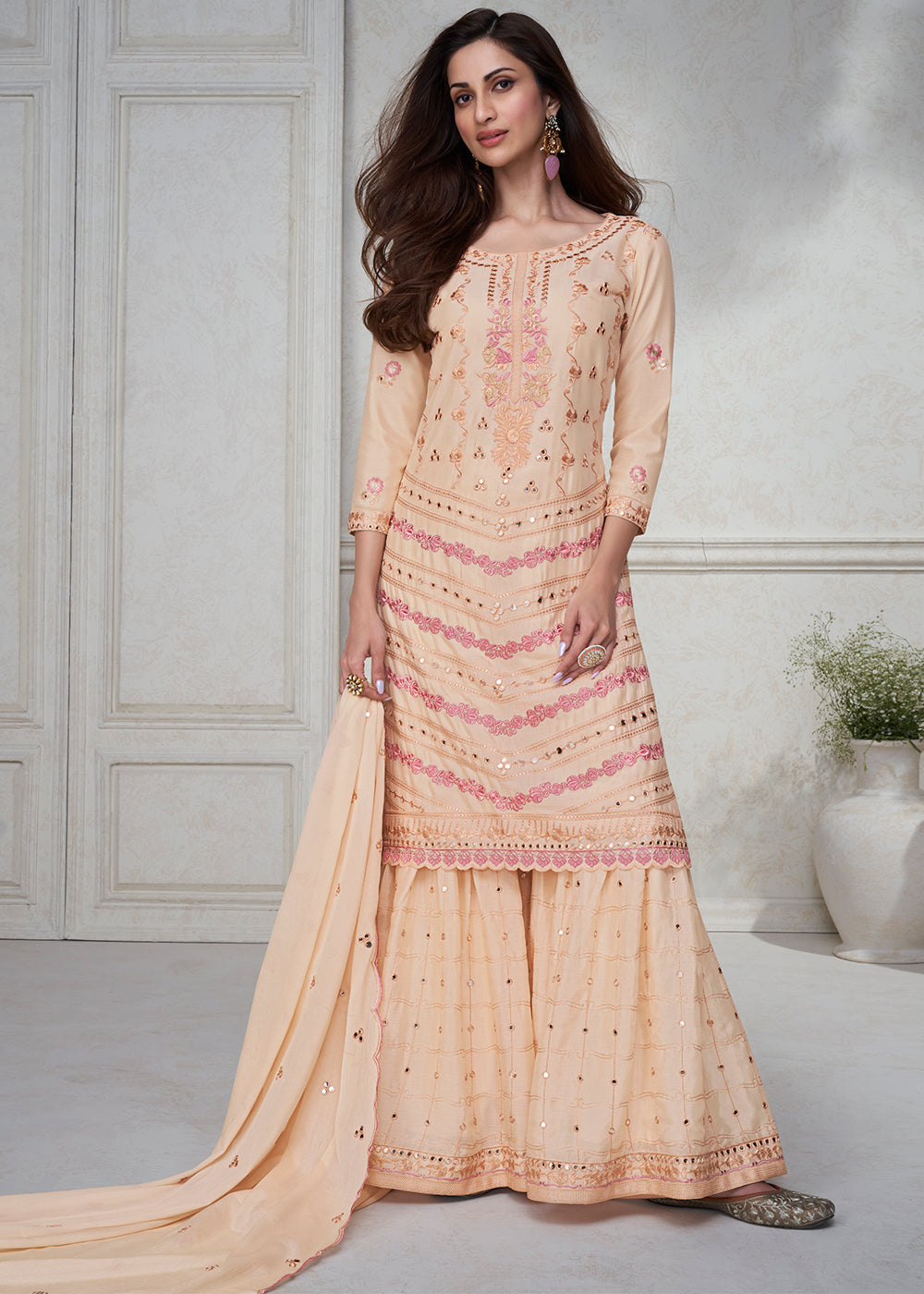 Beige Brown Embroidered Chinon Silk Plazzo Suit