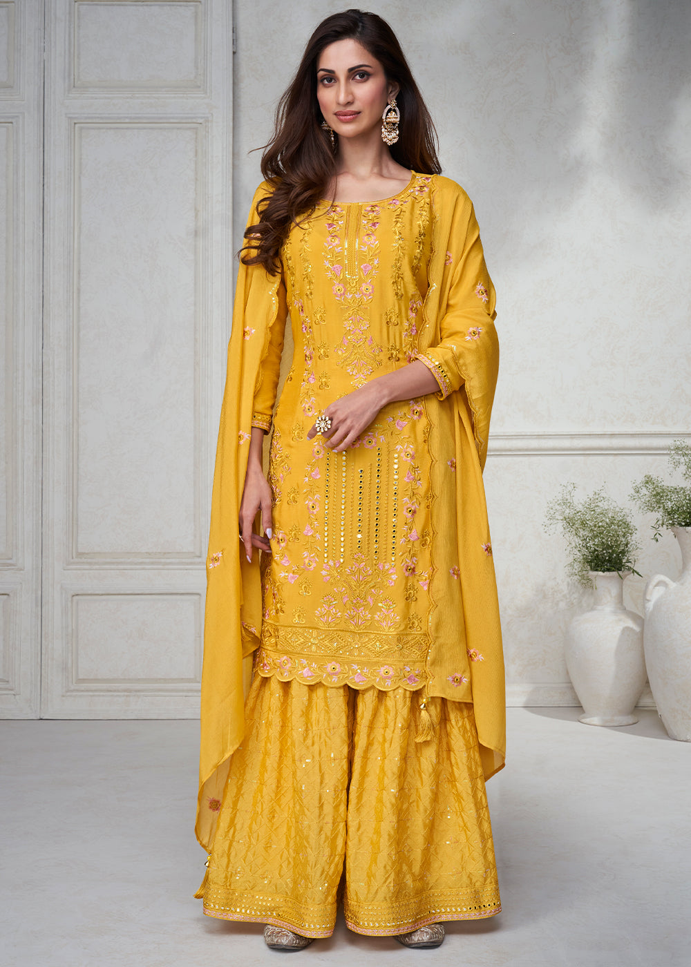 Tuscany Yellow Embroidered Chinon Silk Plazzo Suit