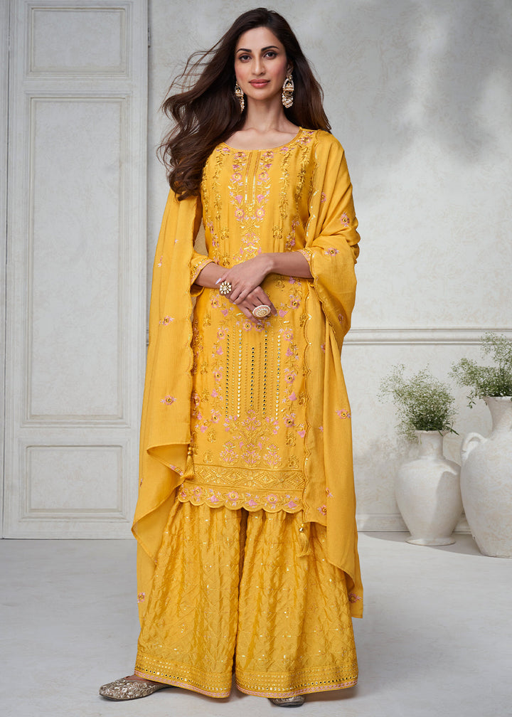 Tuscany Yellow Embroidered Chinon Silk Plazzo Suit
