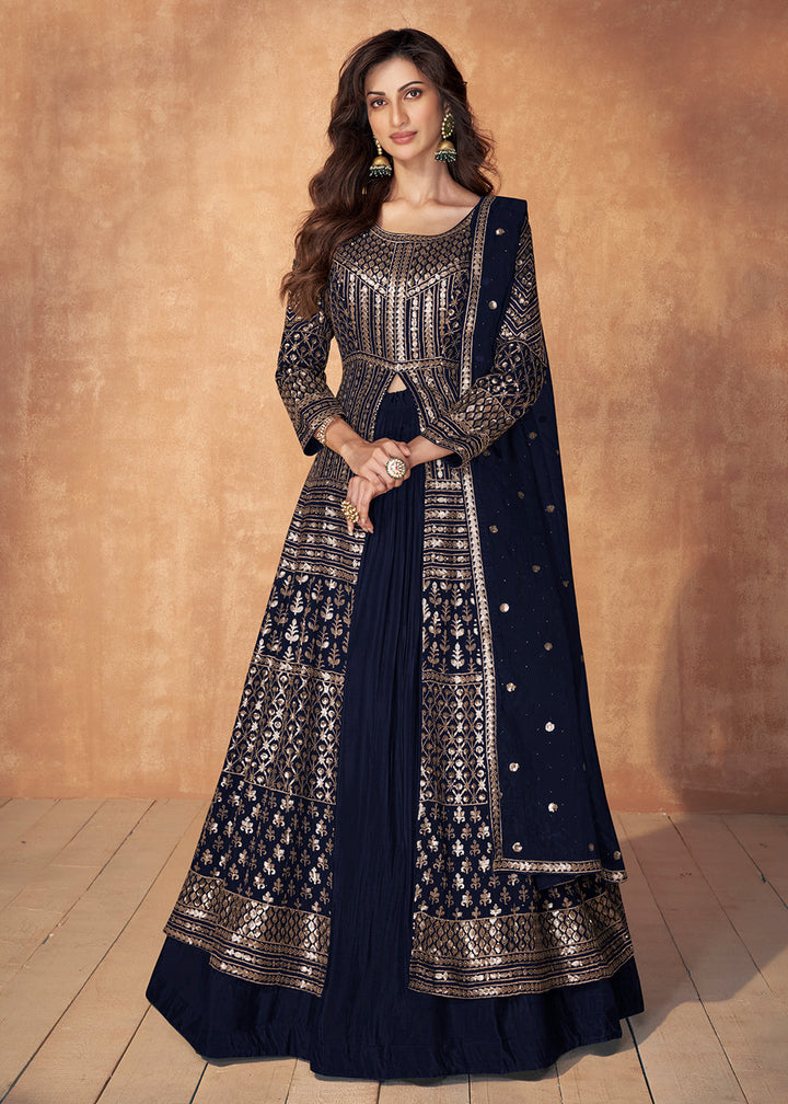 Berry Blue Sequence Embroidered Silk Top & Skirt Set with Dupatta