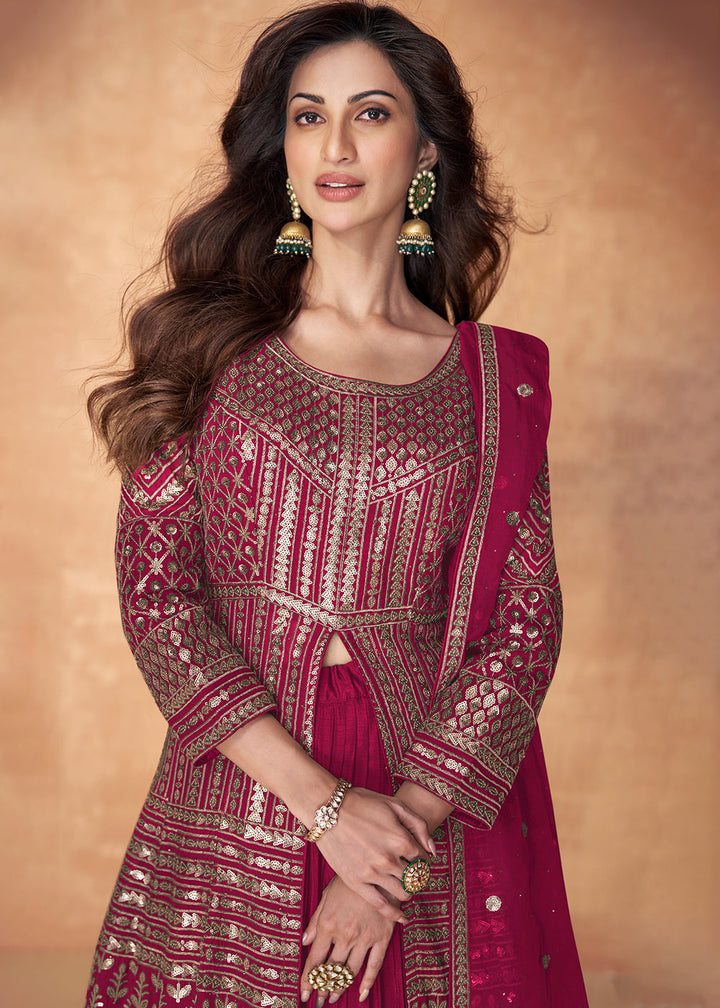 Ruby Pink Sequence Embroidered Silk Top & Skirt Set with Dupatta