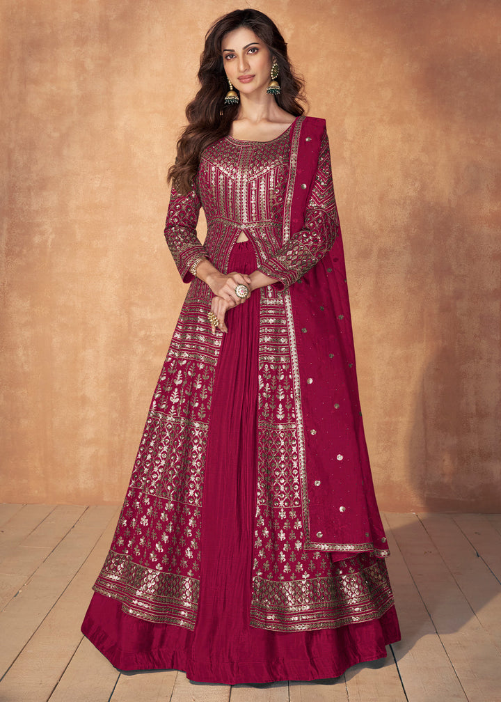 Ruby Pink Sequence Embroidered Silk Top & Skirt Set with Dupatta