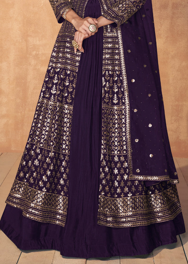 Indigo Purple Sequence Embroidered Silk Top & Skirt Set with Dupatta