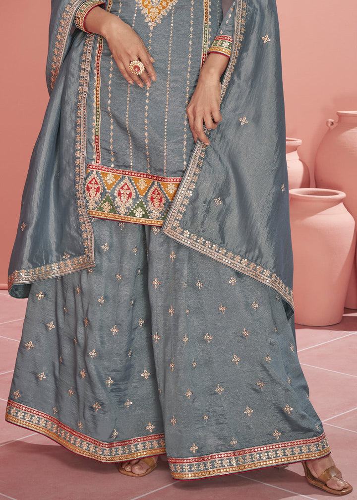 Steel Grey Organza Silk Plazzo Suit with Embroidery work