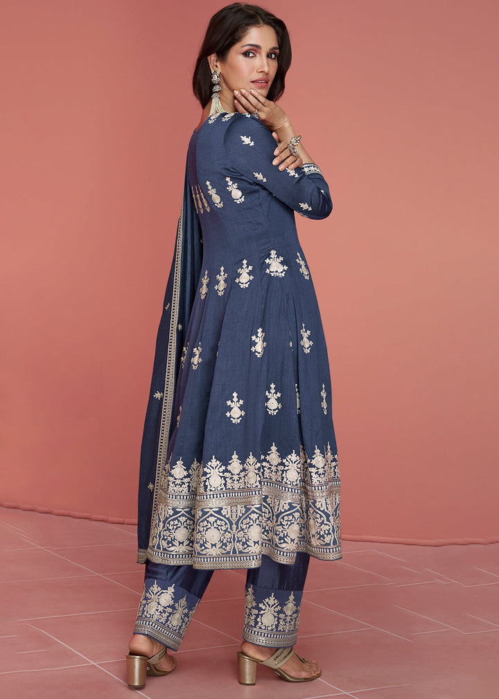 Yale Blue Embroidered Silk Salwar Suit