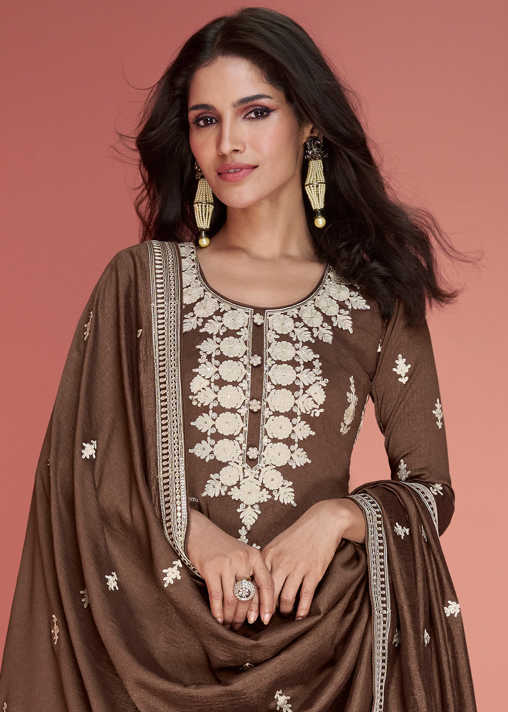 Wood Brown Embroidered Silk Salwar Suit