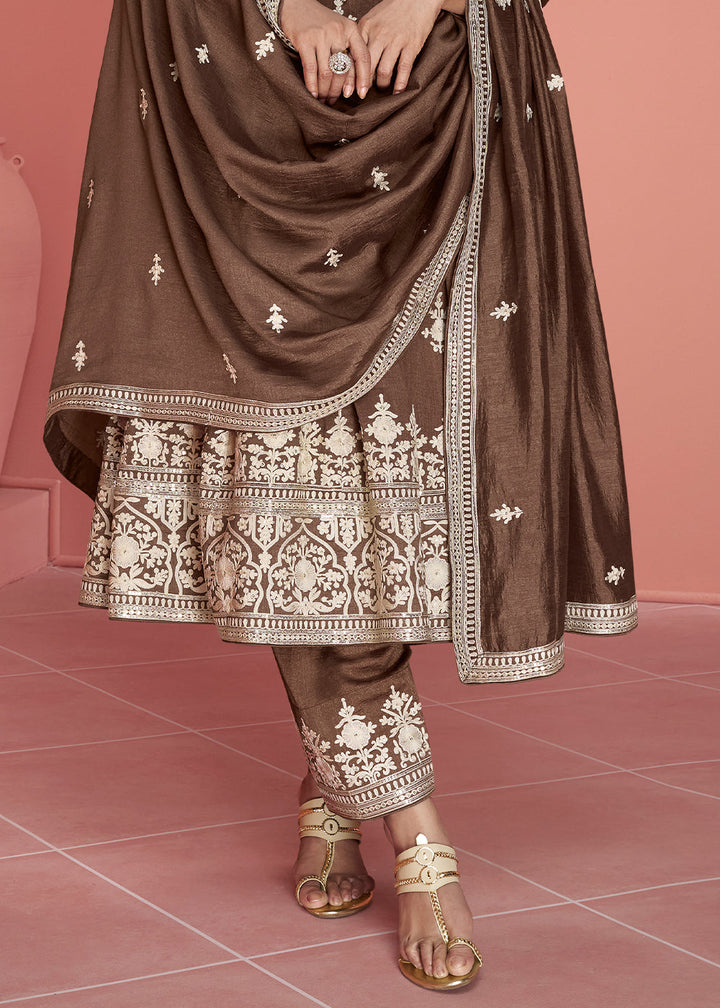 Wood Brown Embroidered Silk Salwar Suit