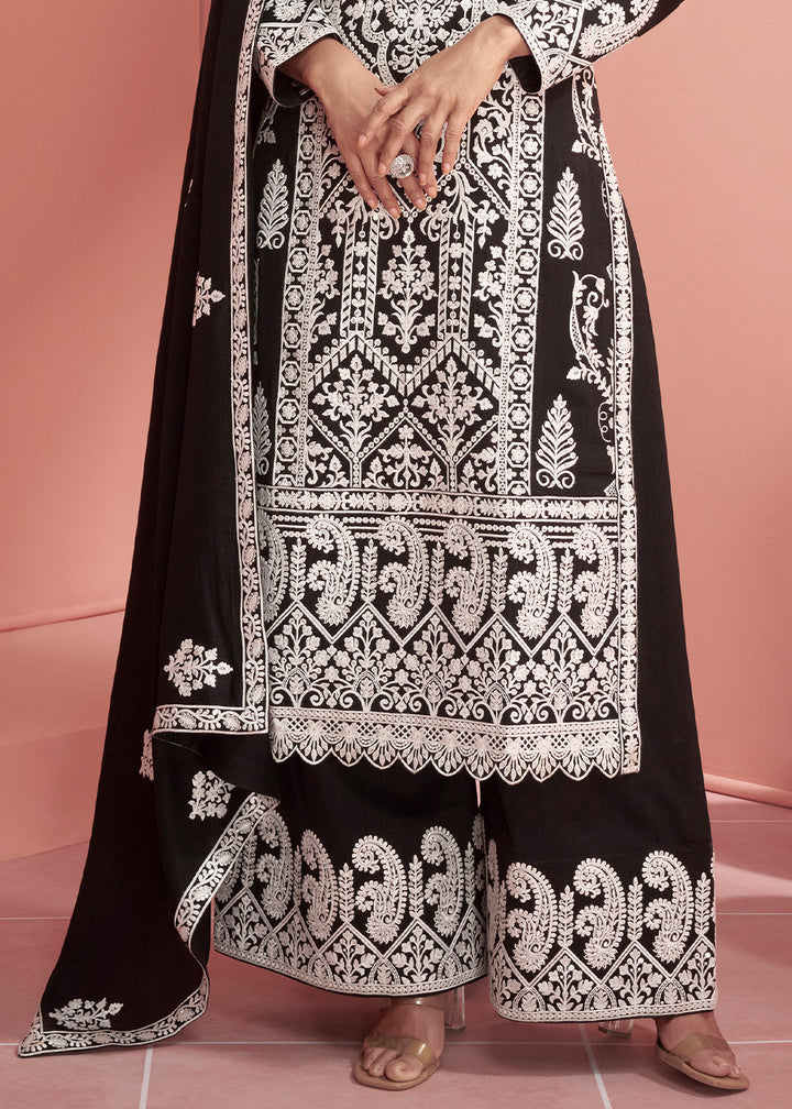Pebble Black Silk Designer Plazzo Suit with Intricate Embroidery work