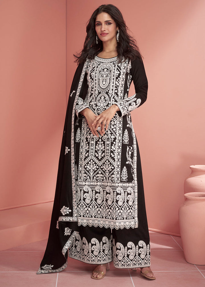 Pebble Black Silk Designer Plazzo Suit with Intricate Embroidery work