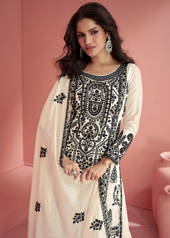 Daisy White Silk Designer Plazzo Suit with Intricate Embroidery work