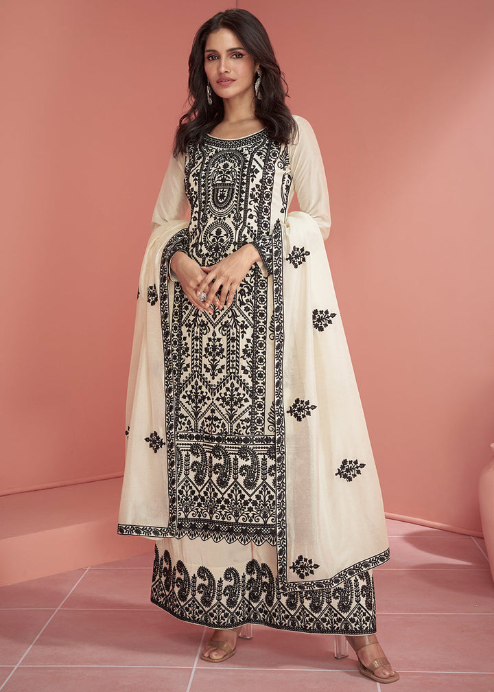 Daisy White Silk Designer Plazzo Suit with Intricate Embroidery work