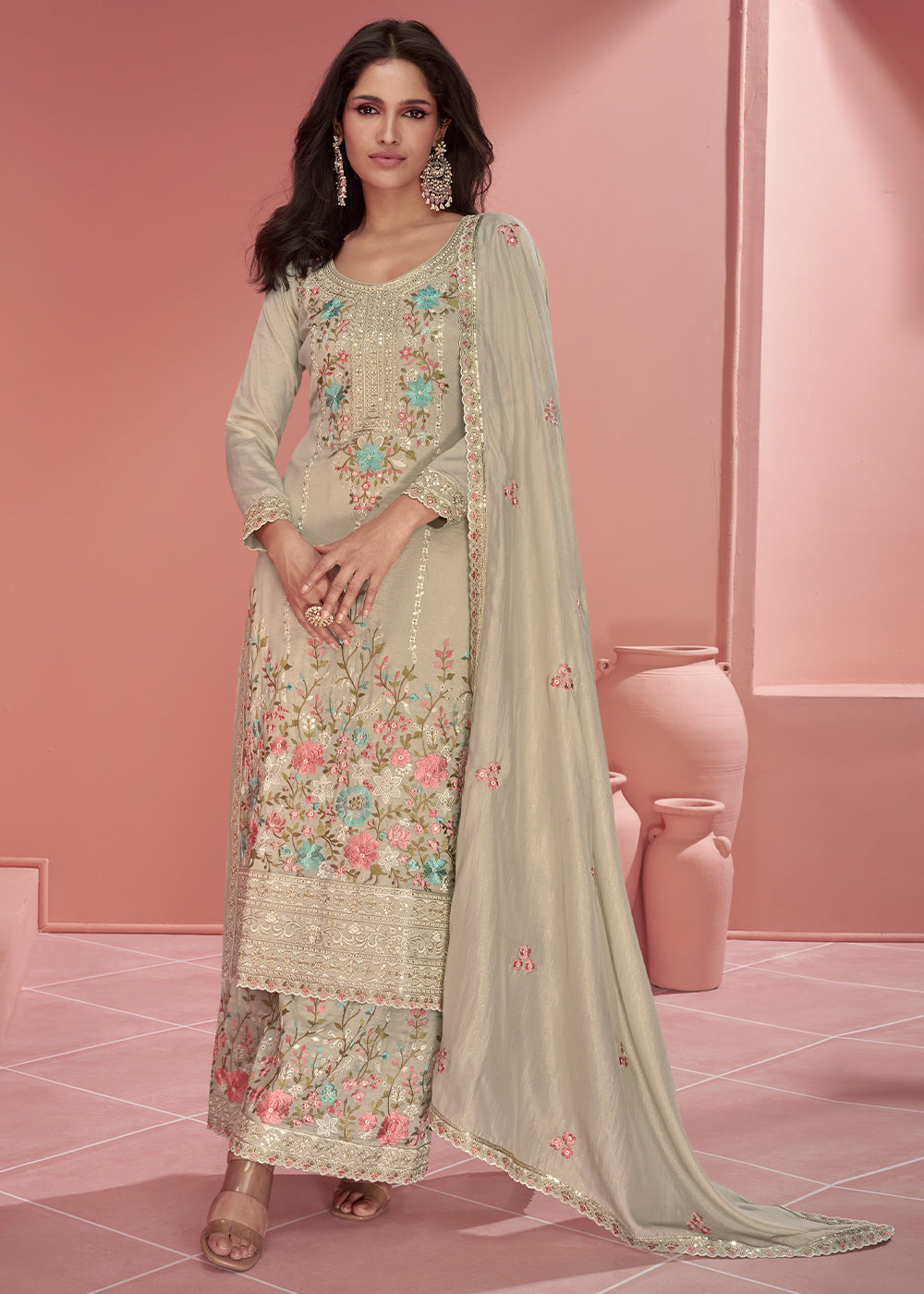 Greyish Brown Floral Embroidered Organza Silk Plazzo Suit