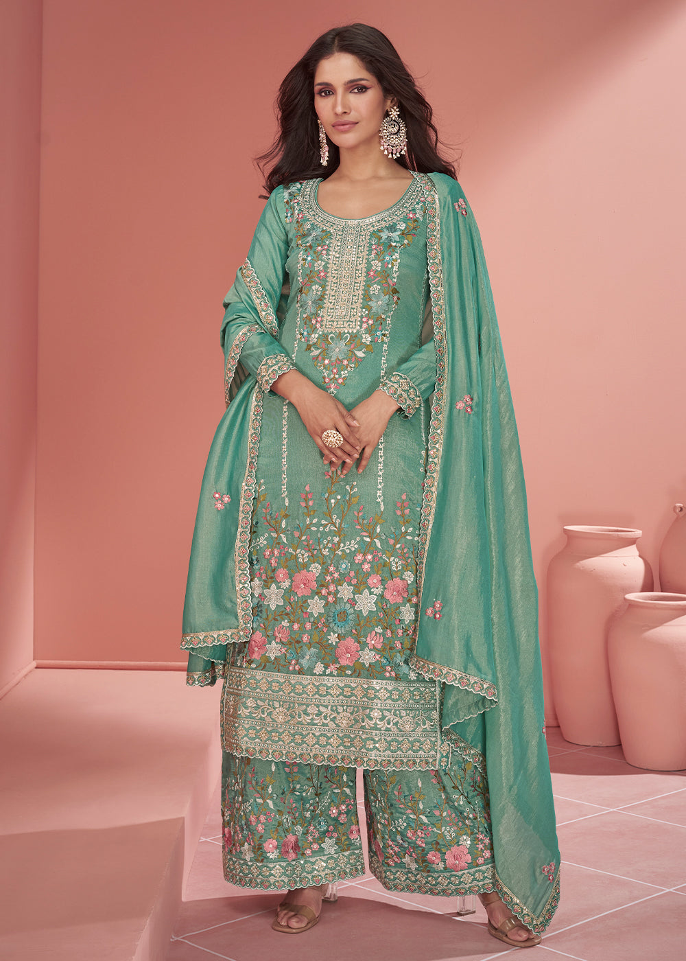 Shades Of Green Floral Embroidered Organza Silk Plazzo Suit
