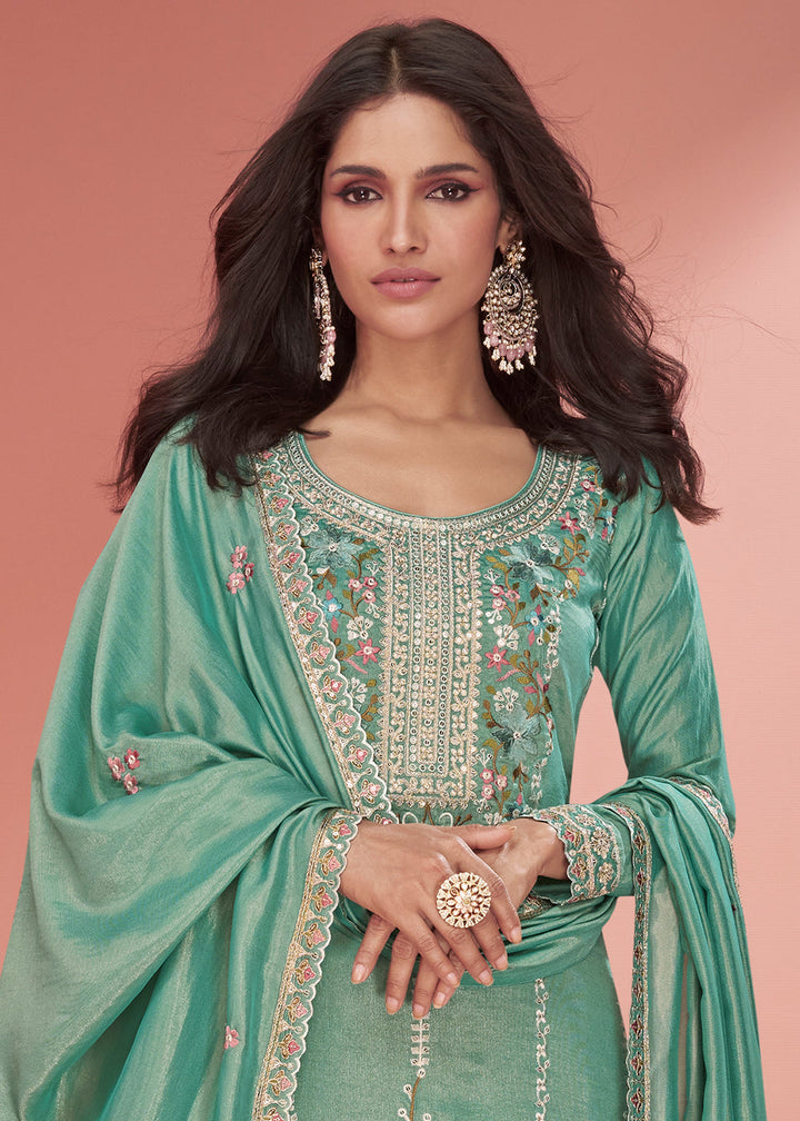 Shades Of Green Floral Embroidered Organza Silk Plazzo Suit