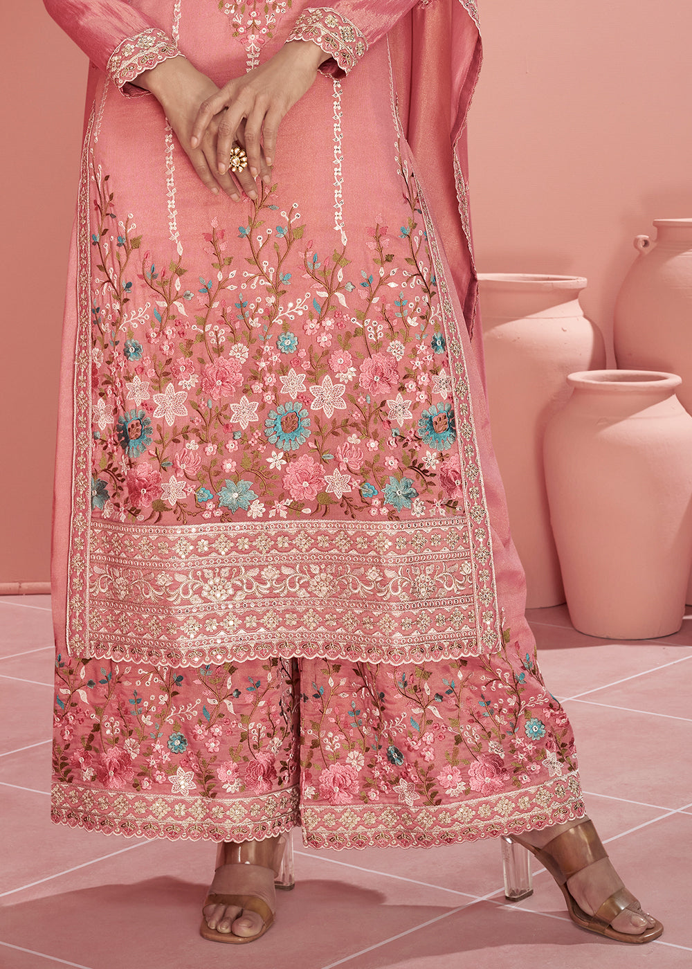 Brick Pink Floral Embroidered Organza Silk Plazzo Suit