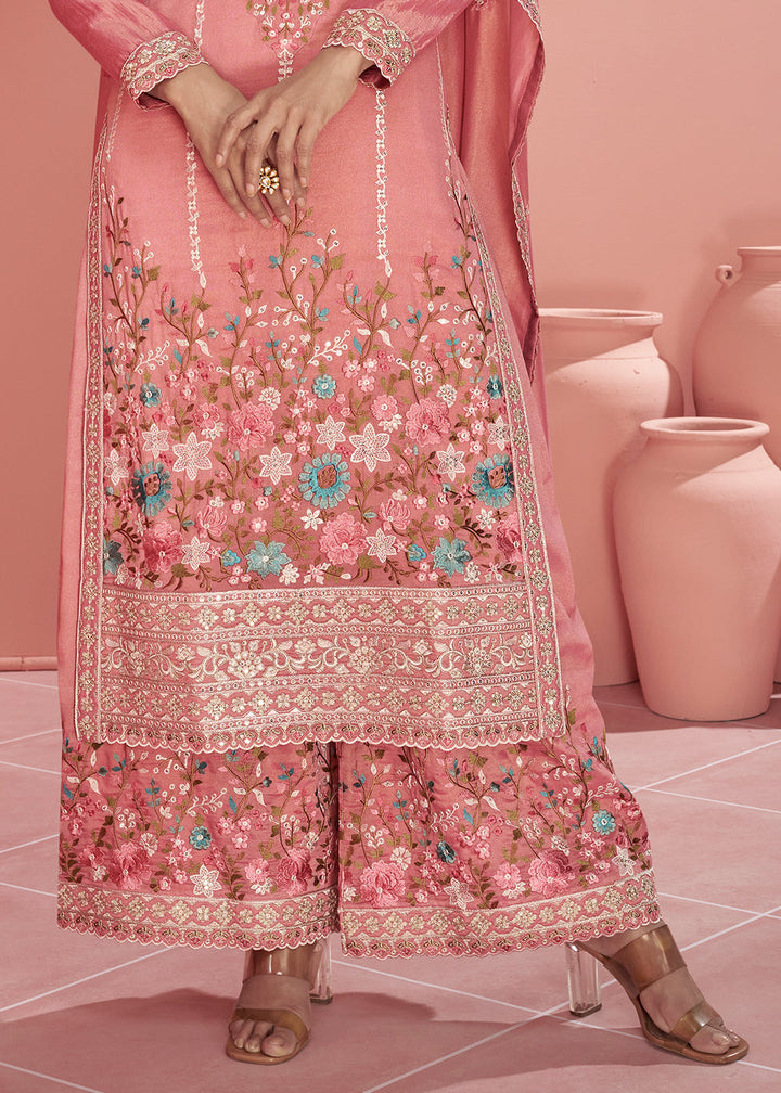 Brick Pink Floral Embroidered Organza Silk Plazzo Suit