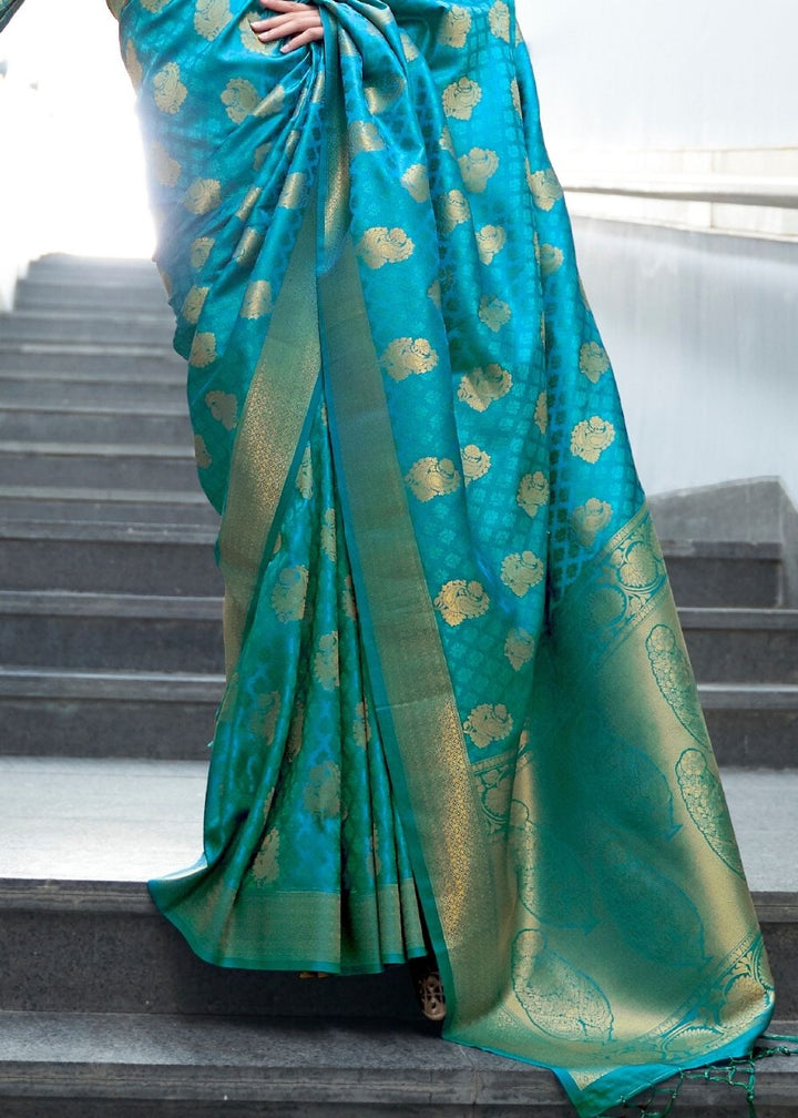 Cerulean Blue Woven Banarasi Silk Saree with overall Butti
