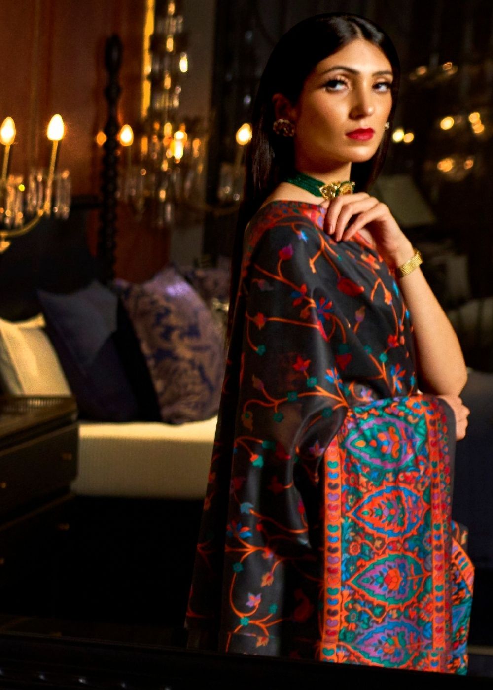 Ebony Black Banarasi Jamawar Woven Silk Saree