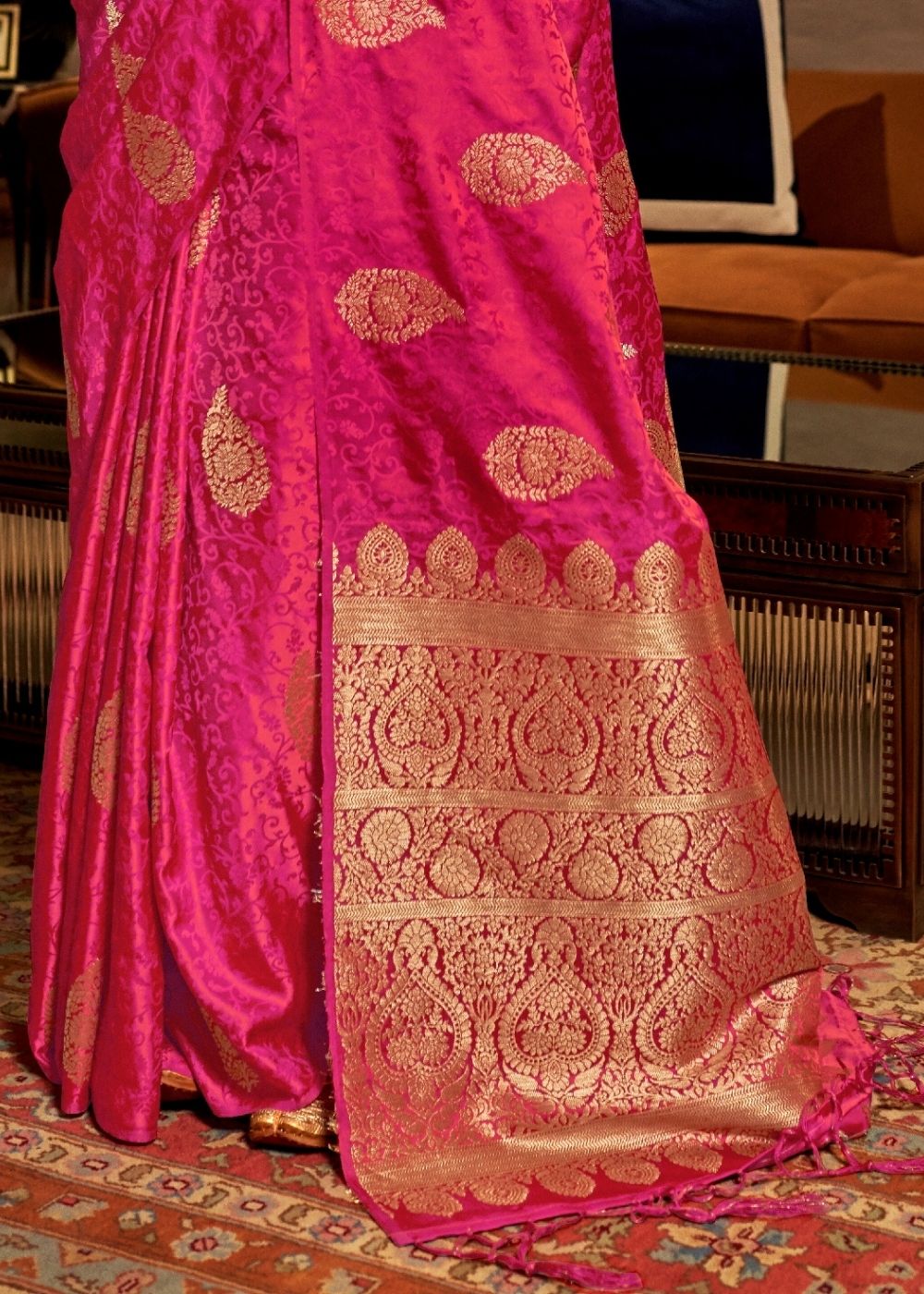 Ruby Pink Pure Satin Woven Silk Saree with overall Golden Buti