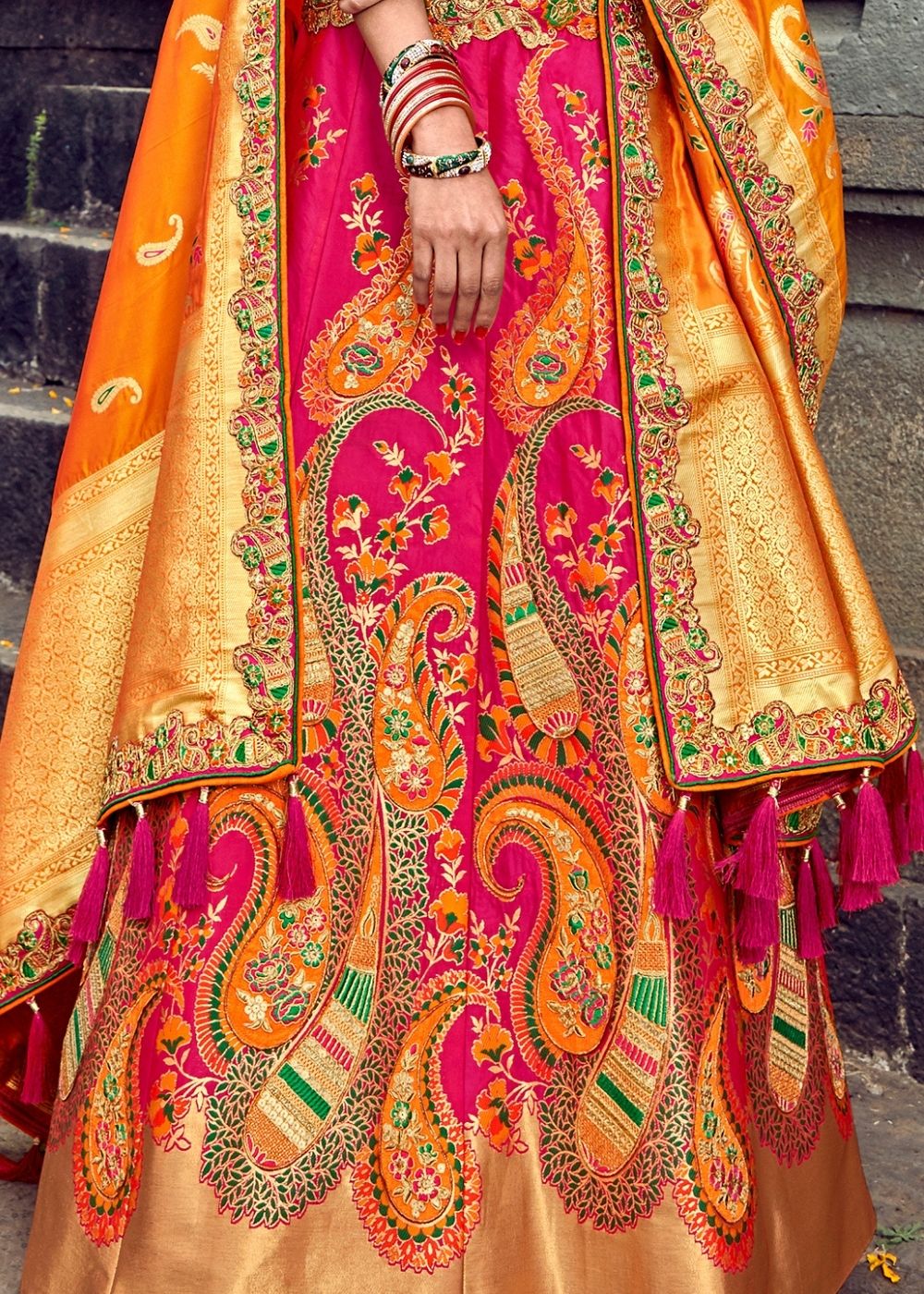 Rani Pink & Mustard Banarasi Silk Lehenga