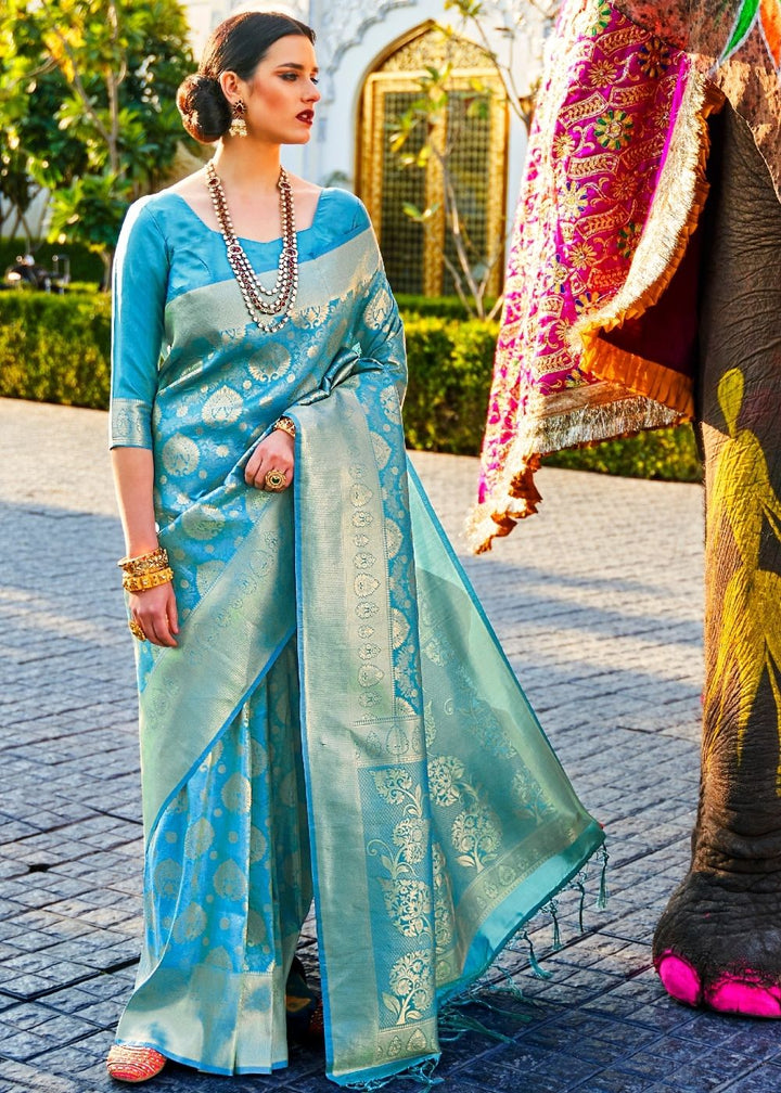 Sky Blue Handloom Weave Kanjivaram Silk Saree