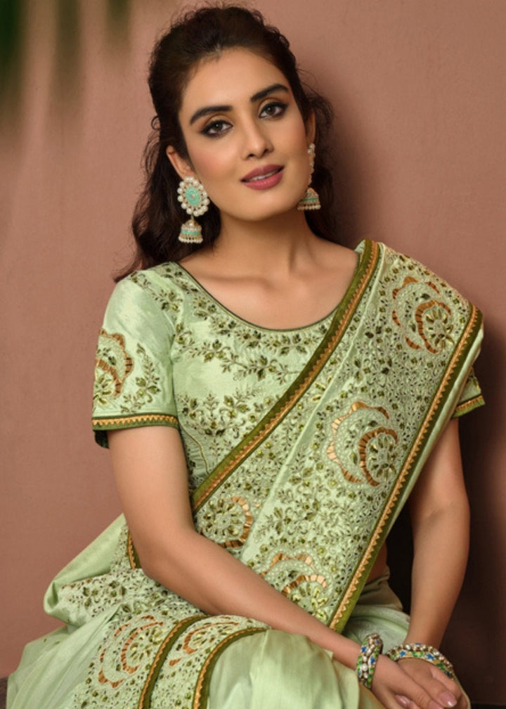Mint Green Silk Georgette Saree with Gota, Cord and Resham Embroidery