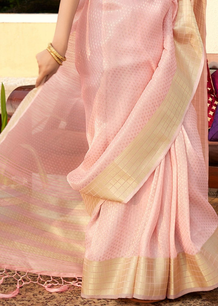 Flamingo Pink Zari Woven Tissue Silk Saree