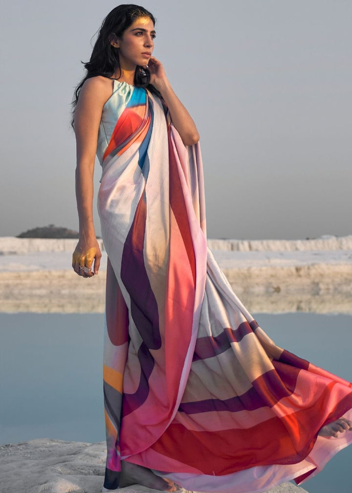 Multicolor Digital Printed Crepe Silk Saree
