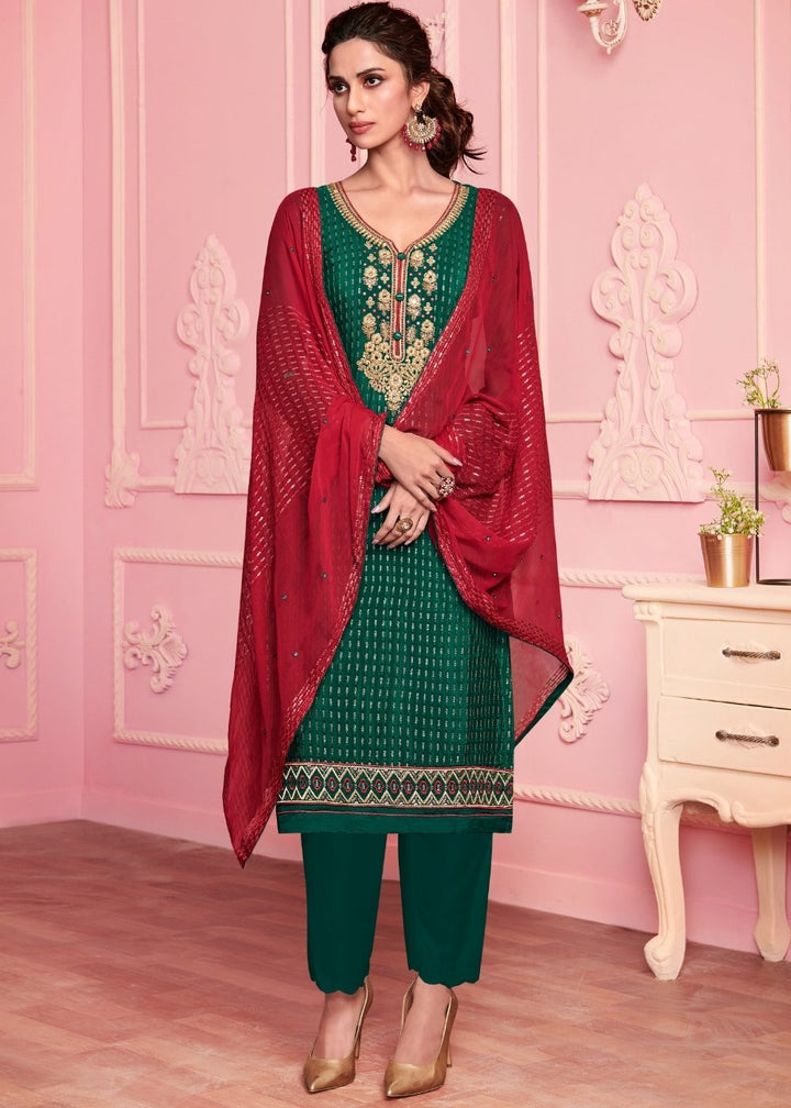 Jungle Green Georgette Salwar Suit with Thread & Zari Embroidery work