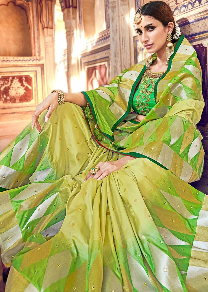Lime Green Banarasi Silk Saree with Embroidered Silk Blouse