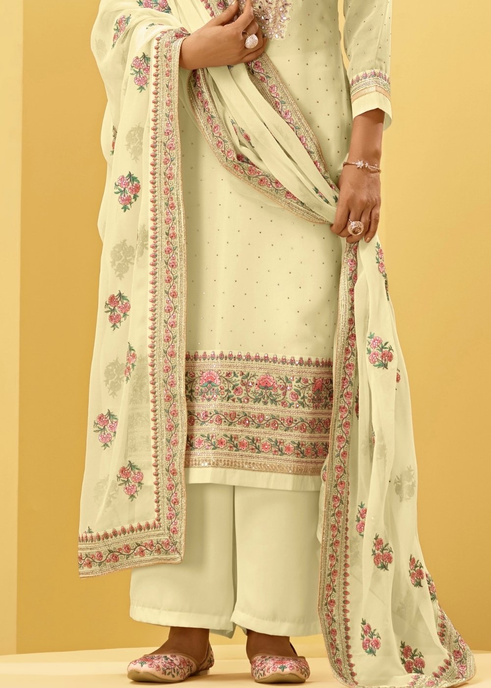 Light Yellow Georgette Salwar Suit with Thread, Zari & Cording Embroidery work