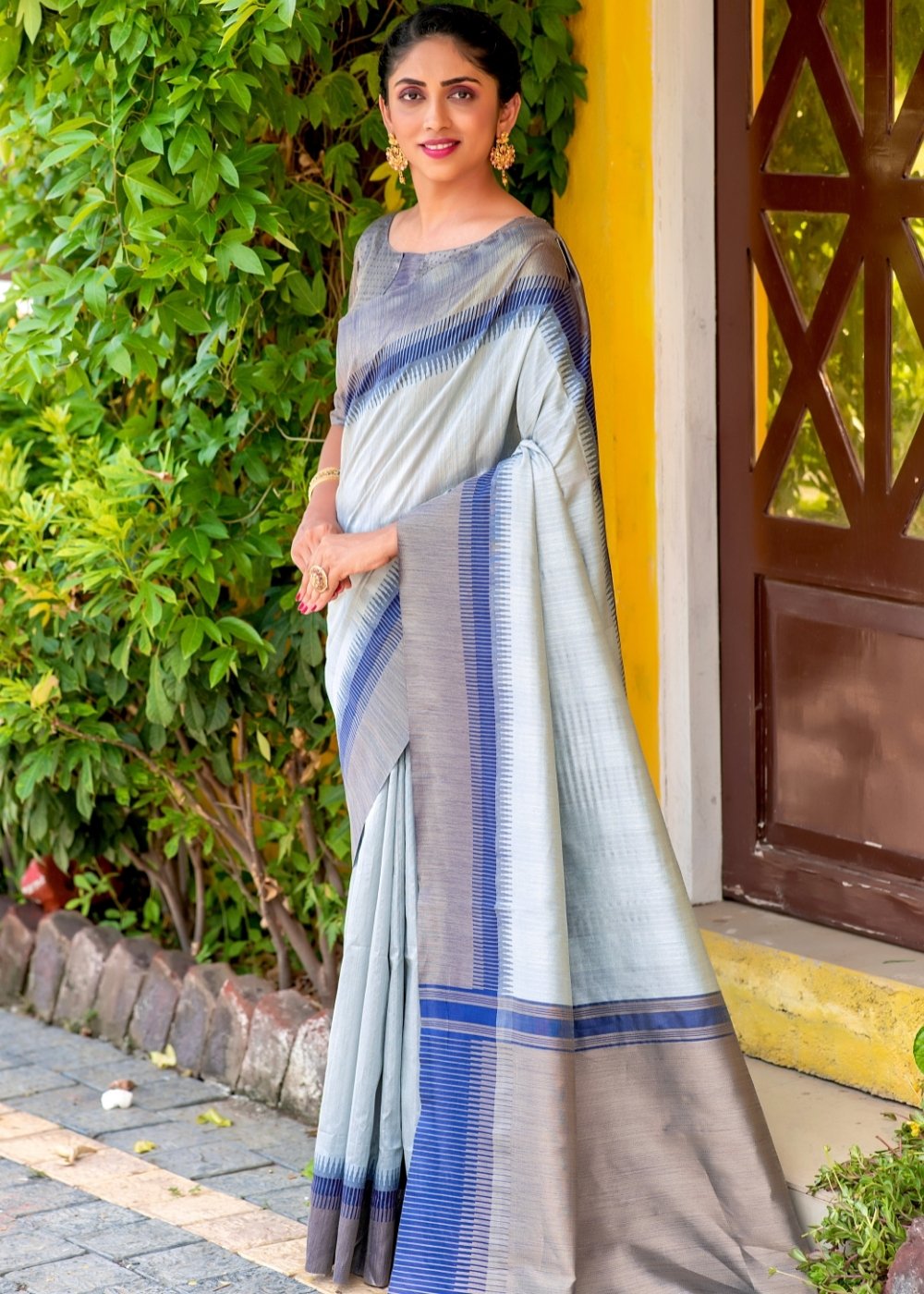 Pastel Blue Zari Weaving Silk Saree with Tassels on Pallu