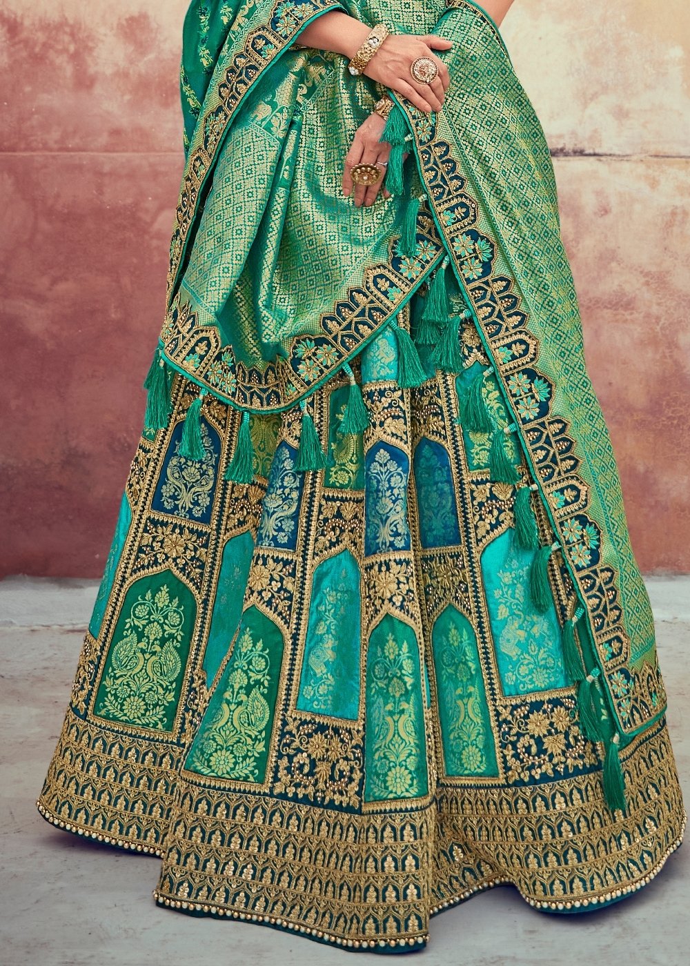 Jade Green Banarasi Silk Lehenga Choli with Khatli work Embroidery